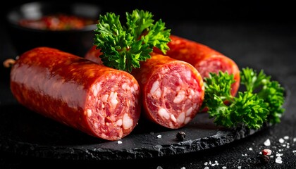 Close-up of sliced sausage with vibrant parsley garnish on dark slate board with ingredients