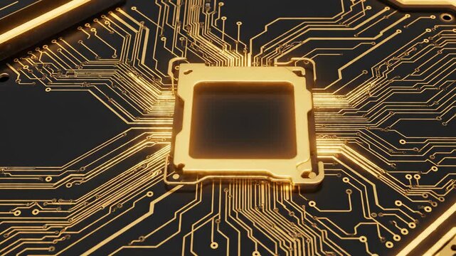 Top-down view of a golden electronic circuit board with light pulses flowing into a central CPU socket, representing data transfer and high tech