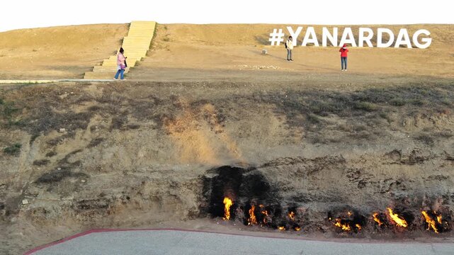 Yanardag, the Burning Mountain, in Baku, Azerbaijan. Landscape of Yanardag fire mountain with natural gas