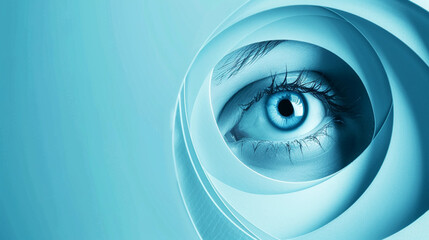 Close-up of a bright blue eye framed by abstract swirling blue shapes, symbolizing vision