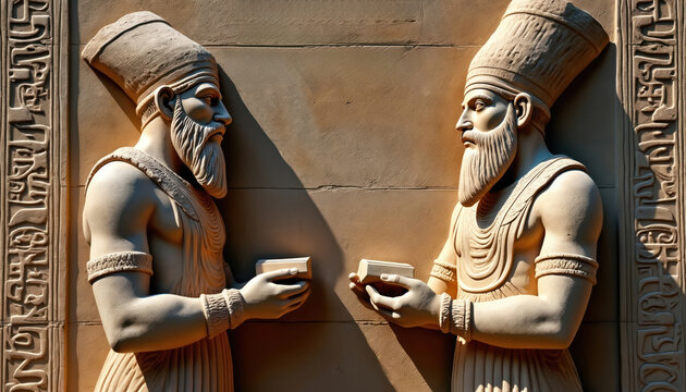 Ancient men with beards in headdresses hold small rectangular objects. Stand against textured wall with carved symbols. Figures appear to interacting in historical context, possibly trade negotiation.