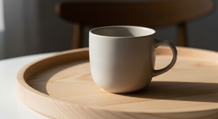 Obraz premium Ceramic mug on wooden saucer with soft lighting