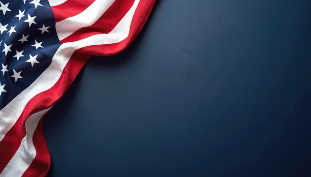 Waving American flag in corner on dark blue backdrop. Ample empty space for text or graphics, ideal for patriotic themes. Clean, minimalist design for announcements.