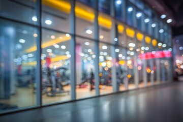Modern fitness center interior with exercise machines and bright lights.