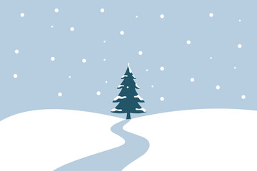 Obraz premium Vector illustration of a peaceful winter landscape with snow-covered hills and a central tree under falling snowflakes