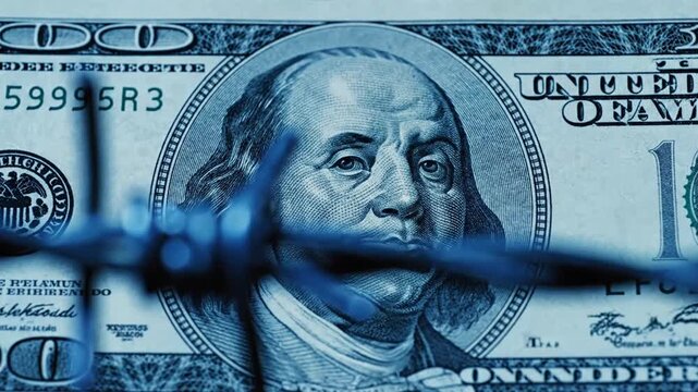 symbolic representation of financial constraints and economic restrictions on money via barbed wire and dollar bills in a