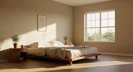 Fototapeta premium Modern bedroom with sunlight streaming through large window