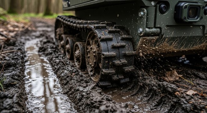 A rugged tracked vehicle navigates a muddy forest path, with water splashing from its wheels.