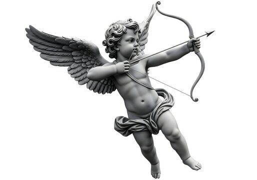 Cupid Angel Statue Holding Bow and Arrow on White Background, Symbol of Love and Romance, Classical Sculpture, Valentine&rsquo;s Day Concept, Mythology Art, Cherub Figurine and Romantic Decoration