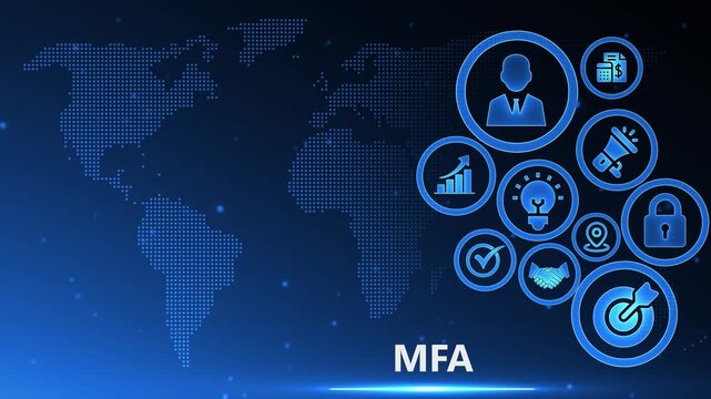 Animated Global Multi-Factor Authentication (MFA) Concept with Digital World Map and Business Icons on a Modern Blue Technology Background.