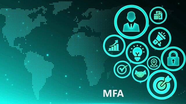Animated Global Multi-Factor Authentication (MFA) Concept with Digital World Map and Business Icons on a Modern Teal Technology Background.