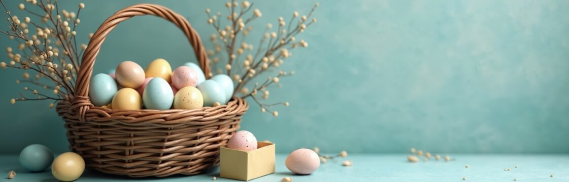 Easter basket holds colorful eggs and small candies. Delicate branches with tiny buds frame the woven container. Pastel colored eggs rest on blue surface and in small box.