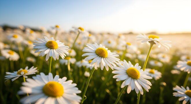 Hermoso paisaje primaveral con flores y margaritas amarillas de pradera, floreciendo al sol sobre el fondo de la llamarada solar