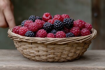 Forest berries collection in a traditional woven basket
