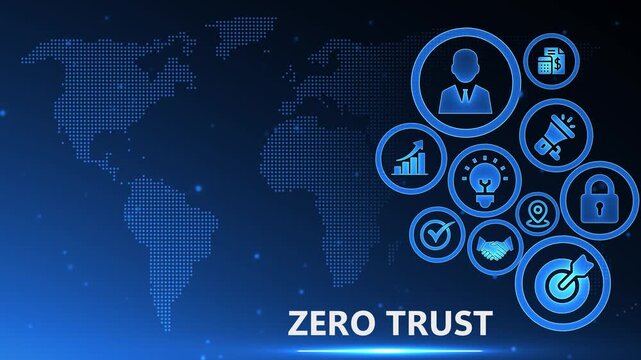 Animated Global Zero Trust Security Model Concept with Digital World Map and Abstract Business Icons on a Modern Blue Technology Background.