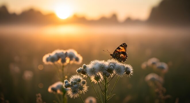 Hermosa imagen atmosf&eacute;rica natural del bosque matutino de primavera o verano con rayos de sol rompiendo y mariposas en la hierba silvestre.
 Magia y misterio de la naturaleza y el medio ambiente salva