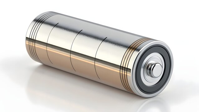 Close-up of a single metallic aa or aaa battery on a reflective white surface
