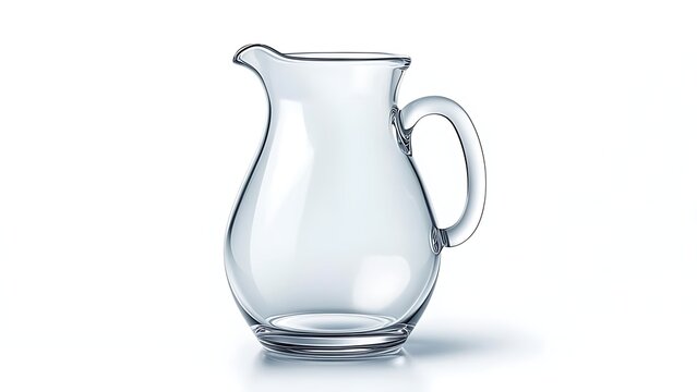 Isolated, clear glass pitcher with a handle and spout, casting a soft shadow on a white background