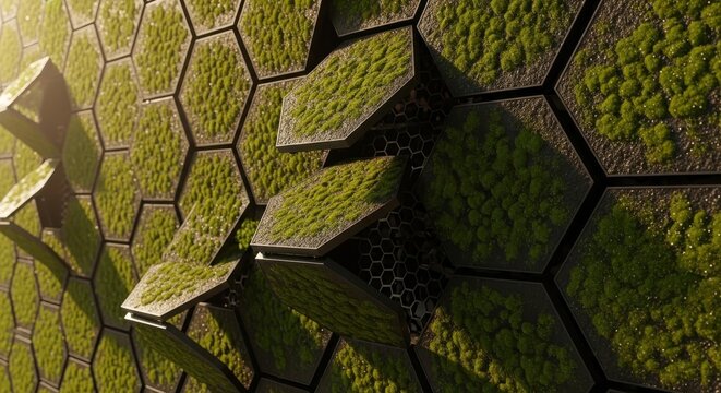 Hexagonal modules covered in lush green moss, creating a futuristic and organic architectural facade.