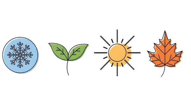 Iconos, signos y s&iacute;mbolos de las cuatro estaciones.
 Invierno primavera verano oto&ntilde;o.
 Copo de nieve, hoja, sol, hoja de oto&ntilde;o.
 Arte lineal