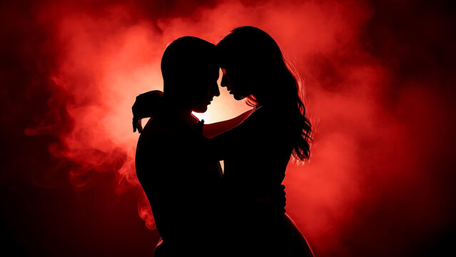 Silhouette Of A Couple Embracing In Front Of A Dramatic Red Smoky Background