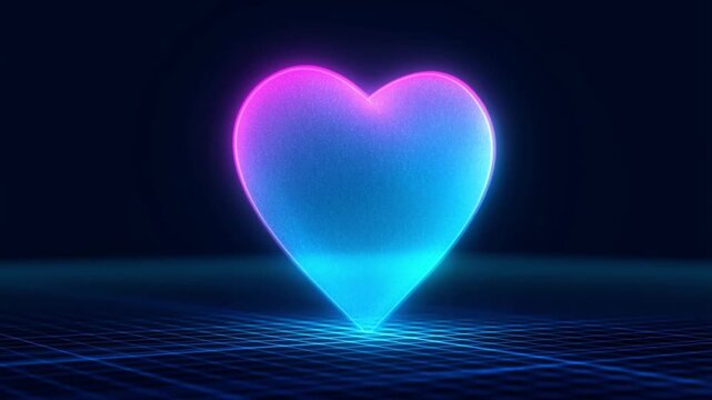 Rotating cyan and magenta holographic heart materializing within a wireframe grid in dark space concept of virtual reality and holographic love