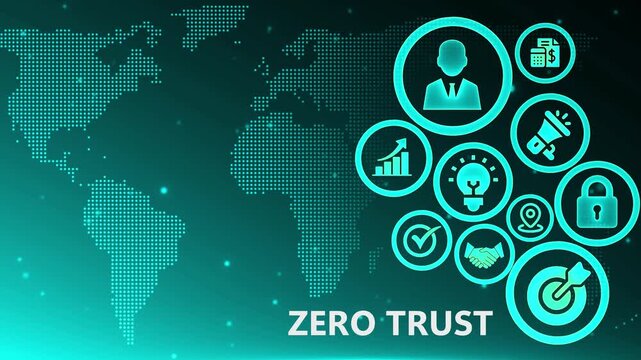 Animated Global Zero Trust Security Model Concept with Digital World Map and Abstract Business Icons on a Modern Teal Technology Background.