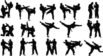 martial arts silhouettes, karate fighters kicking punching poses, combat training illustration, isolated black figures, white background, action collection © shihab