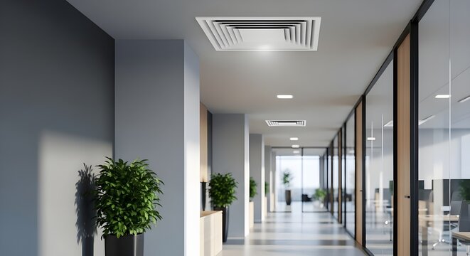 Unidad de aire acondicionado moderna montada en el techo en un elegante interior de oficina