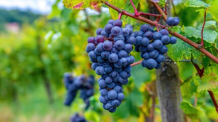 dolcetto. Close-up of ripe Dolcetto grapes with morning dew against a soft-focus vineyard in natural sunlight. menu design.