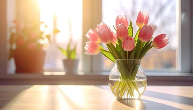 A beautiful bouquet of pink tulips in a glass vase on a table, illuminated by the warm morning sun from a window.