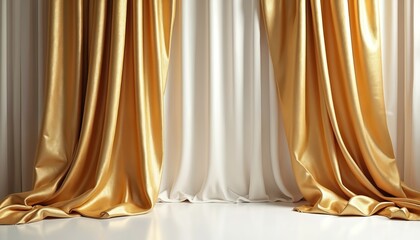 Naklejka premium Two elegant gold drapes hang over a white backdrop. The fabric has a luxurious sheen and soft folds, creating a rich texture. Ideal for interior design, luxury themes, or stage settings.