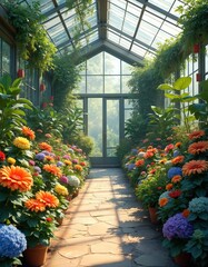 Greenhouse path lined with colorful flowers, gerbera daisies, hydrangeas, and lush green plants. Sunlight streams through glass ceiling, illuminating vibrant botanical garden.