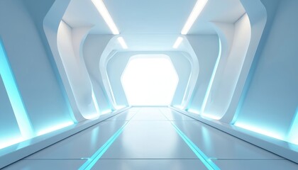 Fototapeta premium Futuristic white and blue corridor with hexagon opening. Clean modern architecture inside a high-tech building. Geometric abstract tunnel with bright light. Sci-fi interior design.