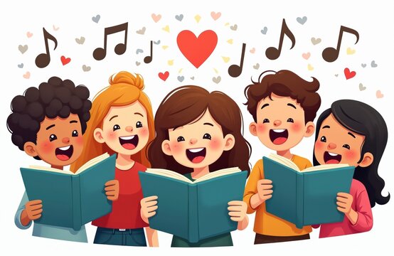 Children sing together with open books in a choir practice. Musical notes and hearts float above their heads. Diverse kids enjoy vocal harmony during a school music lesson.