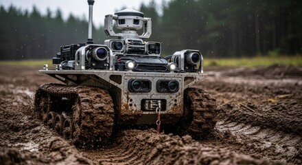 Fototapeta premium A rugged tracked robot equipped with multiple cameras navigating a muddy, outdoor terrain.