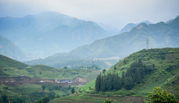 Majestic mountain landscape during the rainy season surrounding Sapa town