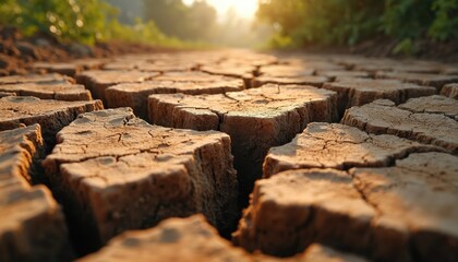 Fototapeta premium Dry cracked earth surface under bright sun. Barren land shows signs of drought and arid conditions. Environmental crisis affects fertile ground turning into desert.
