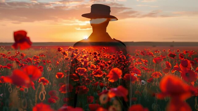 Anzac Day commemoration: Symbolic soldier stands amidst vast field of vibrant red poppies, poignant scene reflecting sacrifice and national honor at sunset