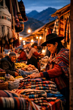Traditional market vendor folding colorful woven textiles at dusk in mountain village