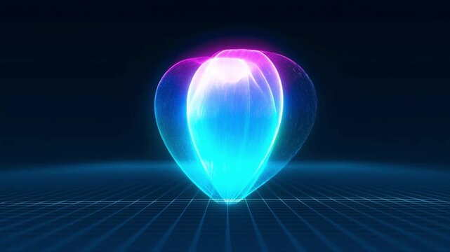 Rotating cyan and magenta holographic heart materializing within a wireframe grid in dark space concept of virtual reality and holographic love