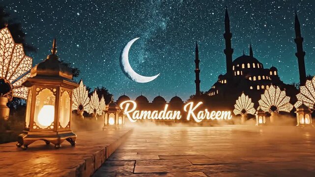 Ramadan Kareem celebration in serene mosque courtyard with crescent moon and lanterns