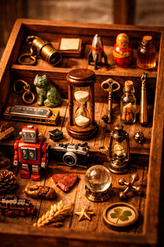 Vintage curiosities collection in wooden box with hourglass camera robot and trinkets