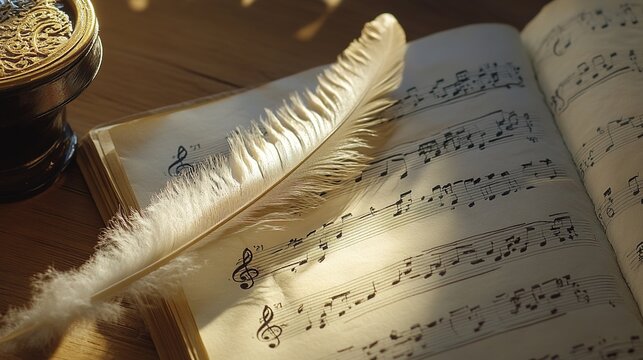 inkwell. A classical feather pen and inkwell beside a handwritten musical manuscript in soft window light. event programs, museum guides, designed for cultural heritage projects and event programs.