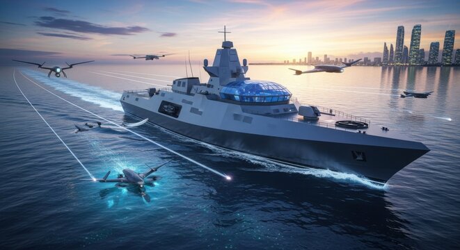 Futuristic warship with advanced stealth technology and drones operating in a coastal city environment at sunset.