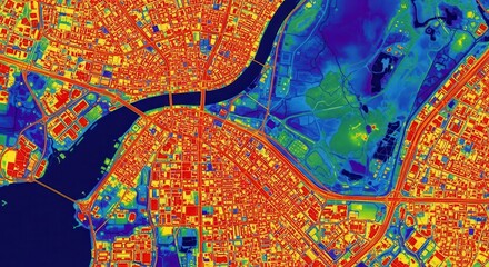 Obraz premium Aerial view of a city with a river and surrounding landscape, rendered with a heat map color scheme showing urban density or environmental data.