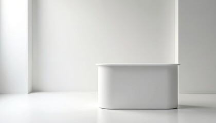 Modern white exhibition counter stands ready for product display at trade show. Portable promotional desk for event marketing. Modern retail kiosk for brand showcase.