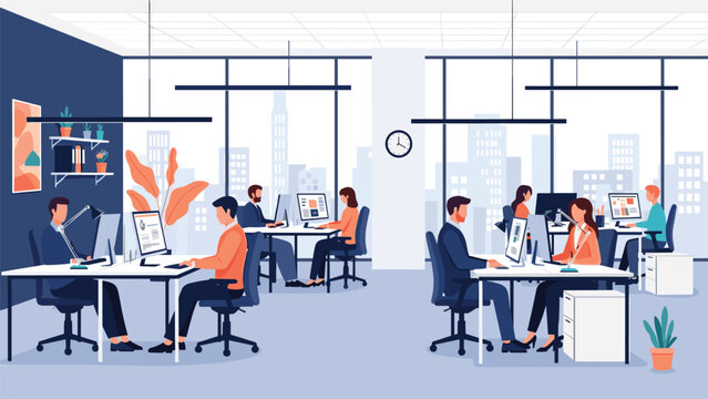 Large corporate office workspace with diverse employees working at desks on computers with a city view background.