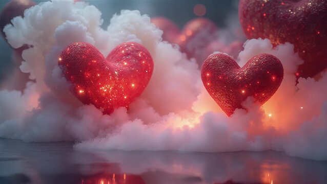 Sparkling Red Hearts Glowing in Soft Clouds of Light