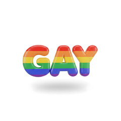 3D rendered word "GAY" in rounded, balloon-like letters. Each letter features the six horizontal stripes of the rainbow pride flag: red, orange, yellow, green, blue, and violet.